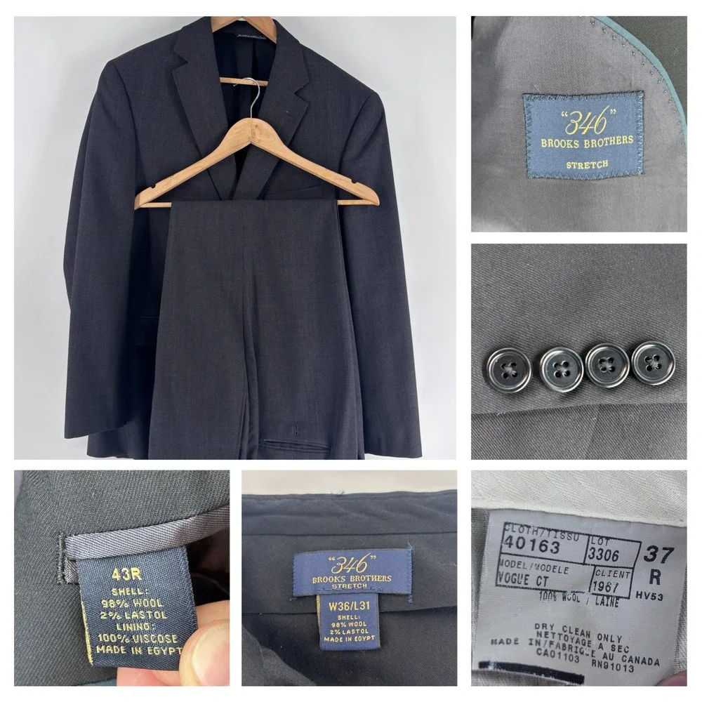 Brooks Brothers 346 Suit Men 43R 36x31 Black Stretch Wool Two-Piece Classy